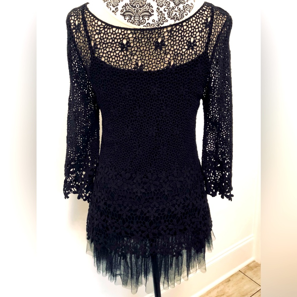 Boston Proper Elegant Black Crochet Lace top & chemise with tulle skirt size S